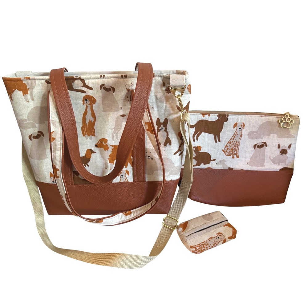 Handmade Dog Print Cotton Canvas Tote Bag Set Brown Faux Leather Trim 3 Piece